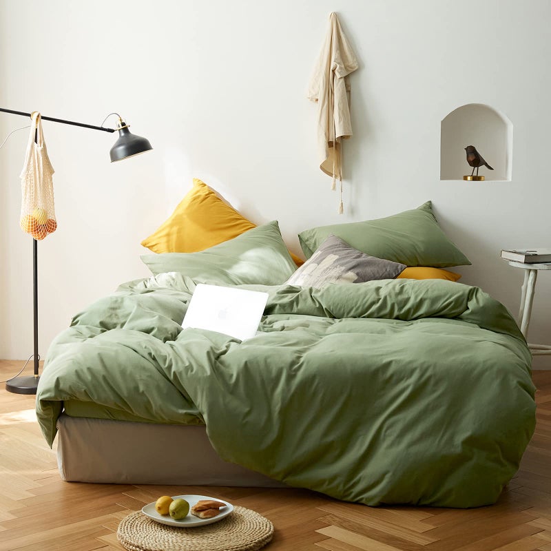 AMWAN Avocado Green Duvet Cover Jersey Knit Cotton Bedding Set Queen Solid Color Comforter Cover Modern Style Green Bedding Cover with 2 Pillowcases Luxury Soft T Shirt Cotton Bedding Collection - Image 1